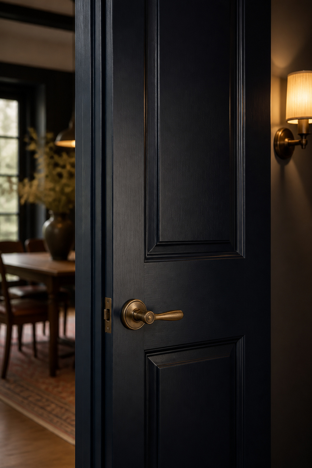 Deep navy solid panel door with antique brass hardware leading from a dining room to a powder room