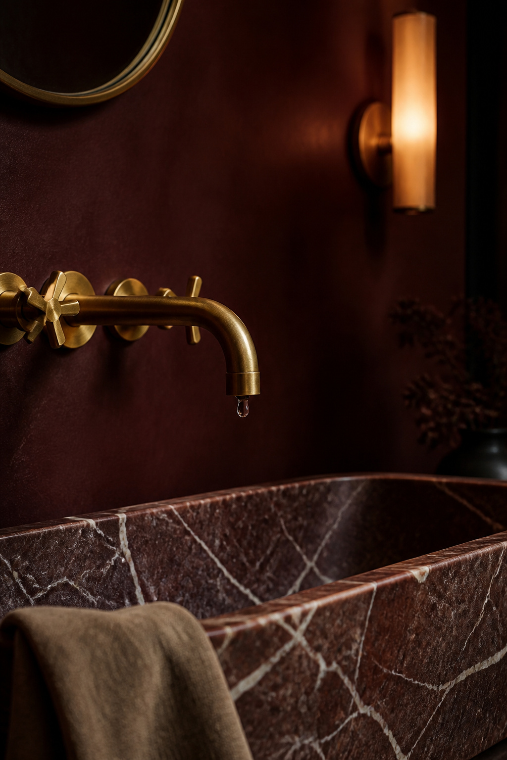 Brass faucet over a marble basin in a dark powder room with a single folded linen towel at the edge