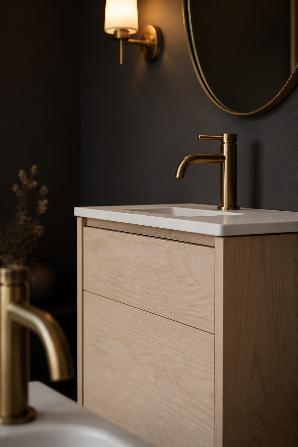 Small pale birch-wood powder room vanity with a stone top and antique brass faucet against a charcoal wall