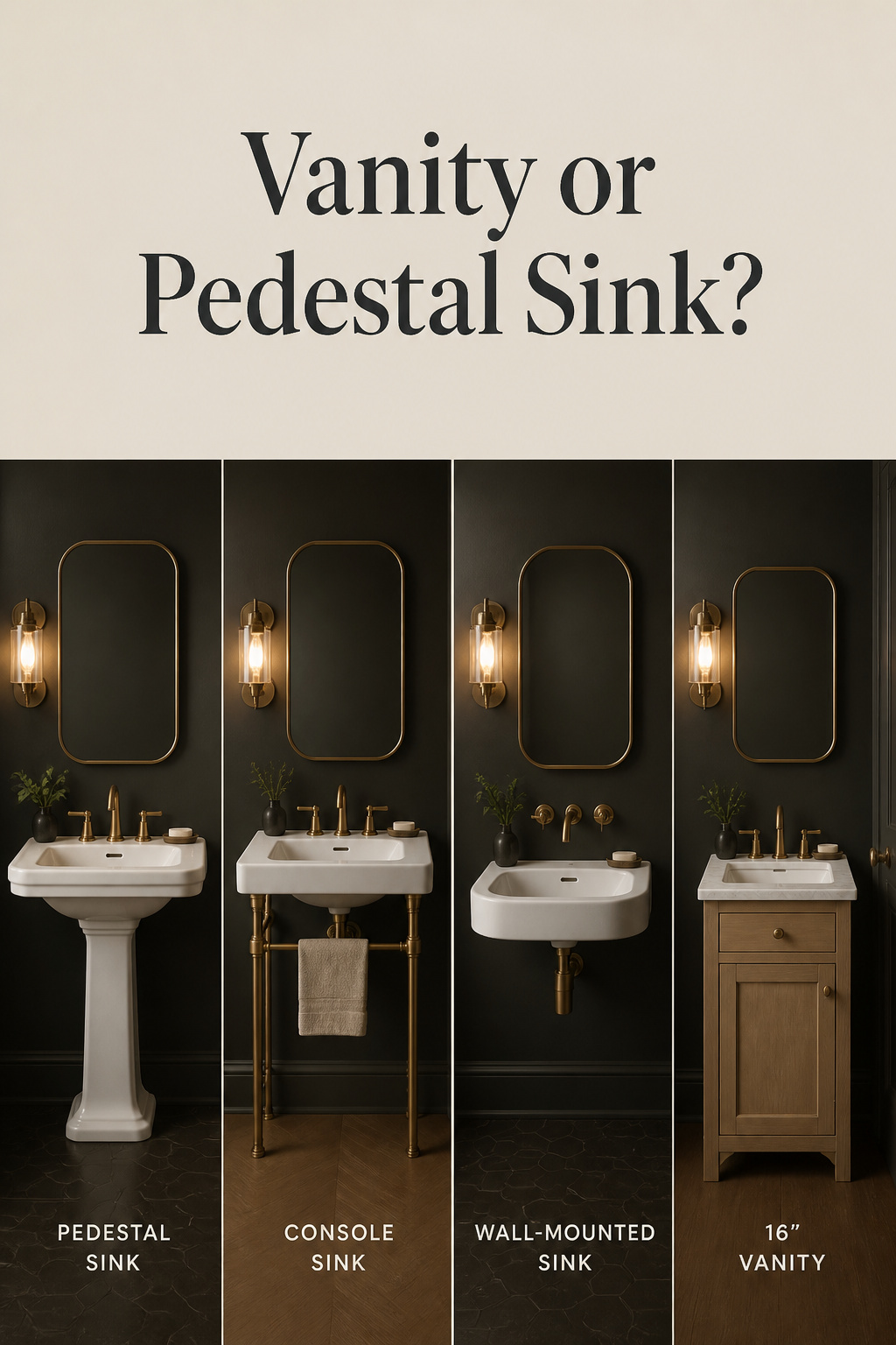 Four-panel Pinterest graphic comparing pedestal, console, wall-mounted and small vanity sinks for a powder room