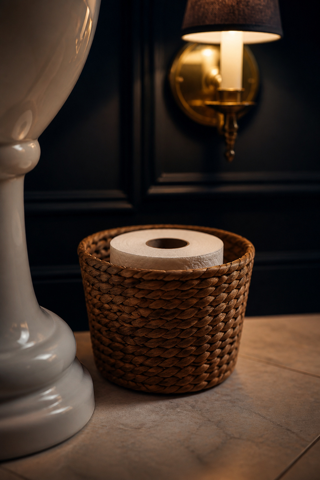 Woven basket holding a visible spare toilet roll beside a white pedestal sink in a navy powder room