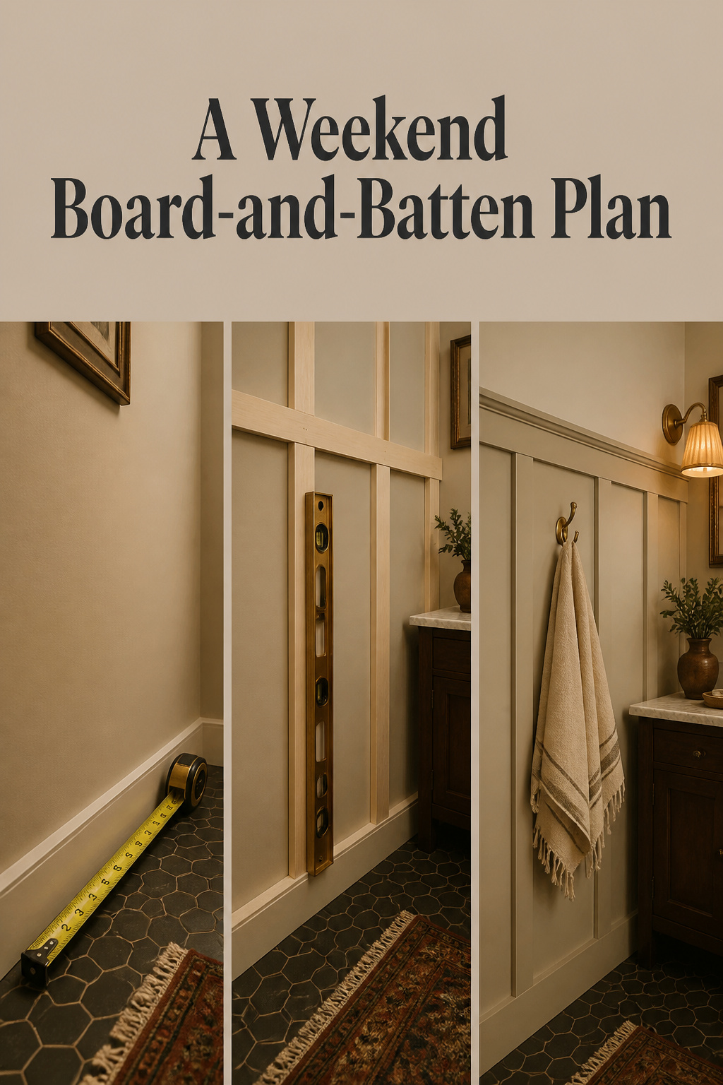 Three-panel collage showing measuring, building and finishing a board-and-batten powder room wall