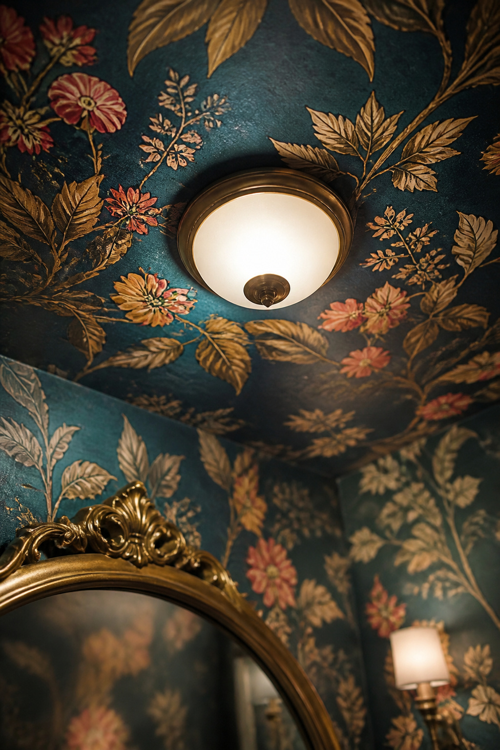 Powder room ceiling wrapped in the same large-scale wallpaper as the walls below, viewed from below near an antique brass mirror