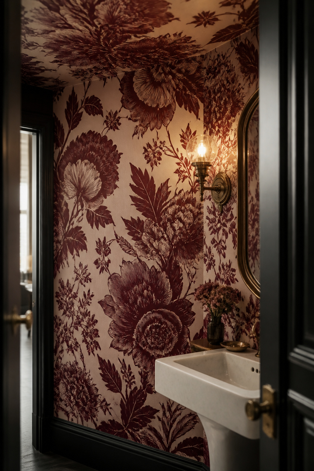 Powder room with large-scale oxblood botanical wallpaper wrapping up onto the ceiling above a white pedestal sink and antique brass mirror