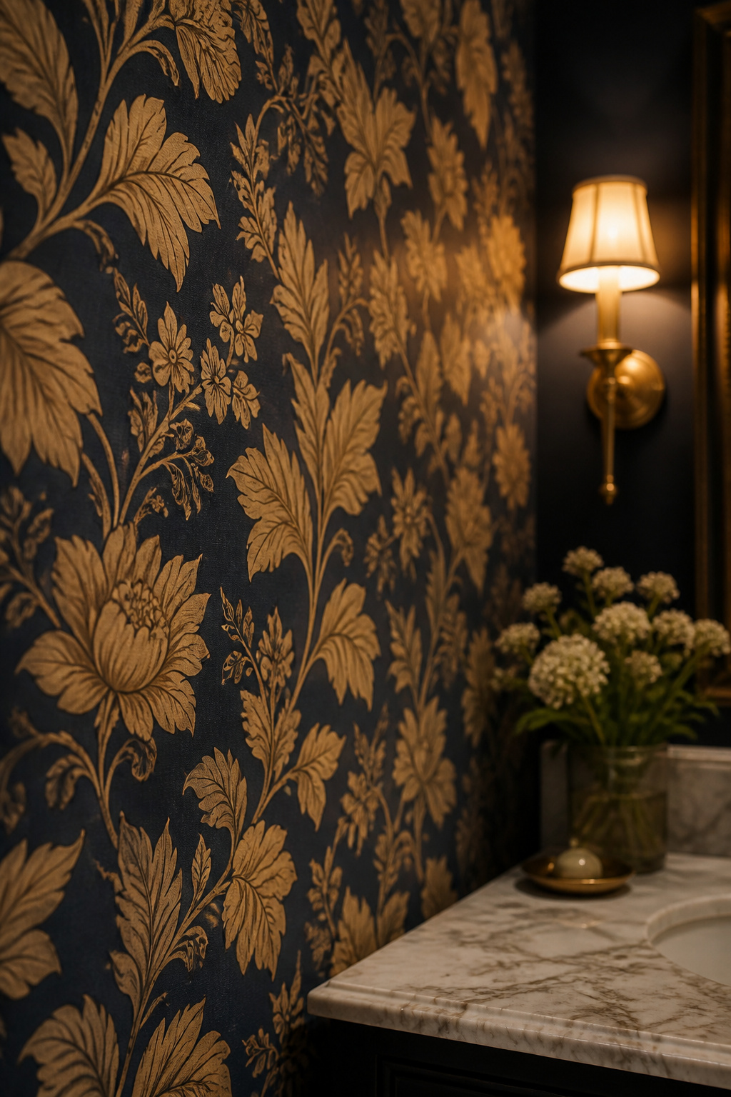 Large-scale botanical wallpaper in navy and gold covering a powder room wall floor to ceiling