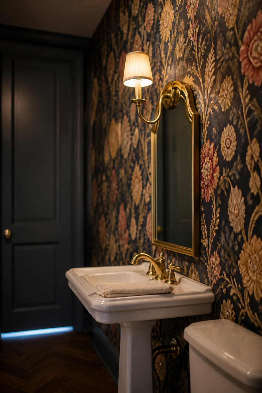 Large-scale patterned wallpaper on the wall above a pedestal sink in a half bath with no shower or tub present