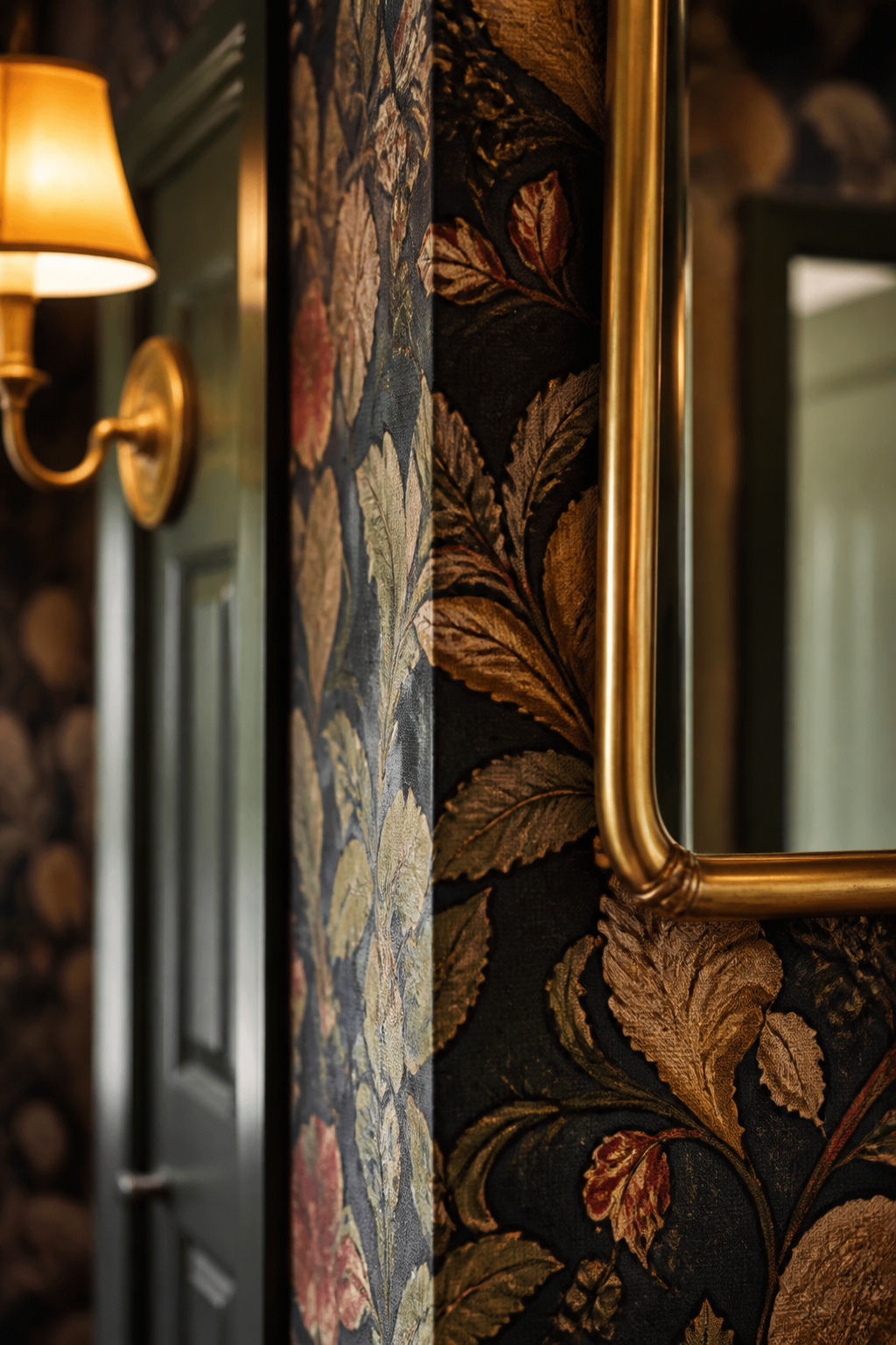 Large-scale patterned wallpaper wrapping a corner between a door frame and an antique brass mirror in a small powder room