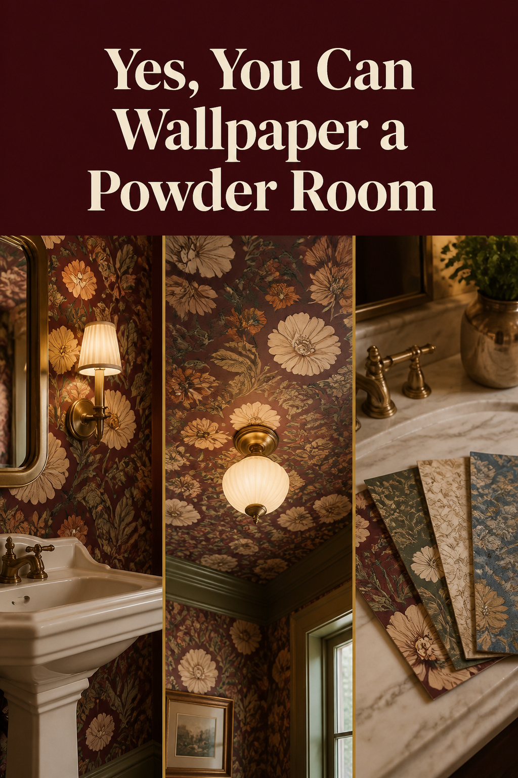 Pinterest collage of a powder room's papered wall by the sink, a wallpapered ceiling, and four wallpaper swatches, with headline Yes You Can Wallpaper a Powder Room