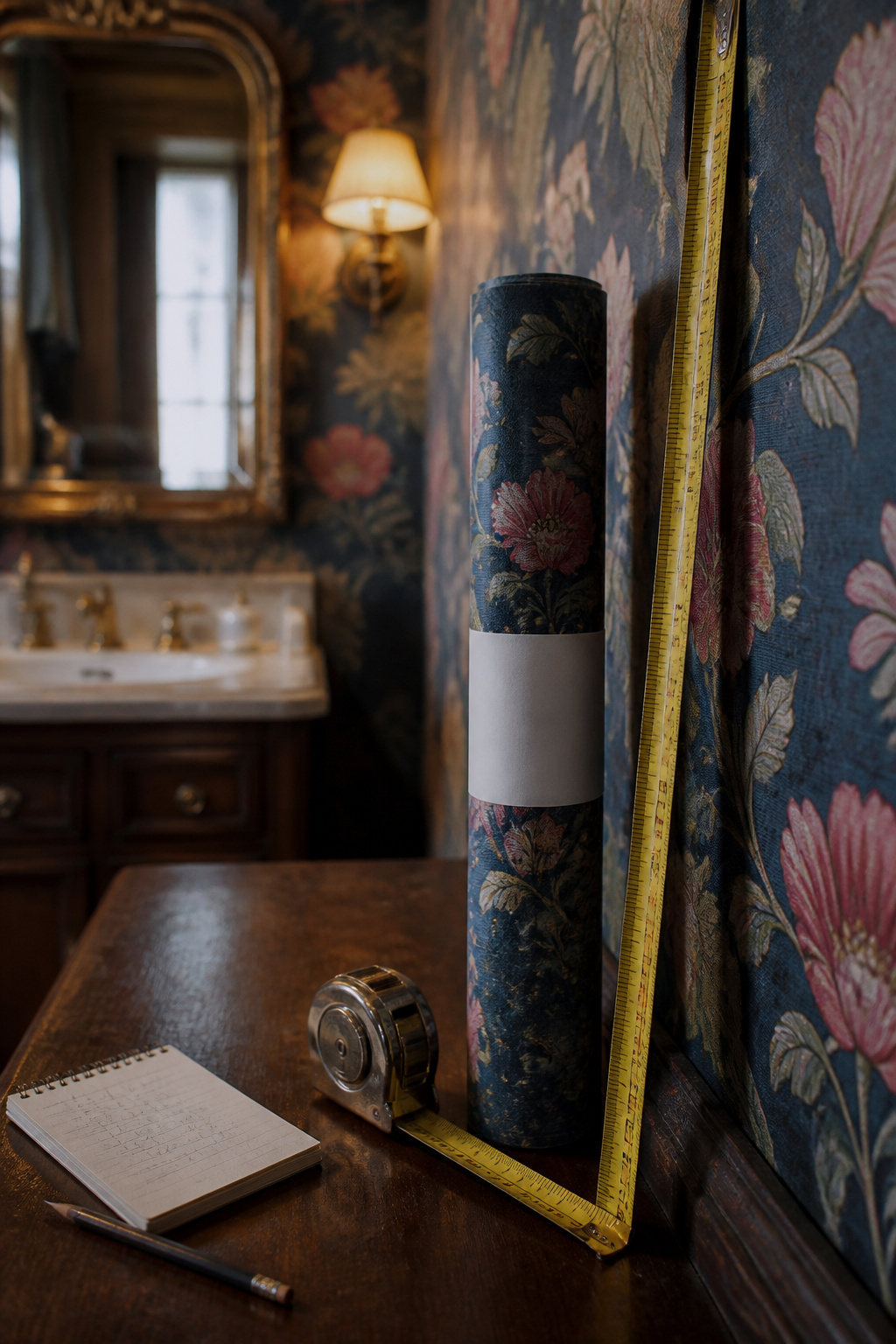 Tape measure stretched along a wallpapered powder room wall beside a single upright wallpaper roll and a notepad