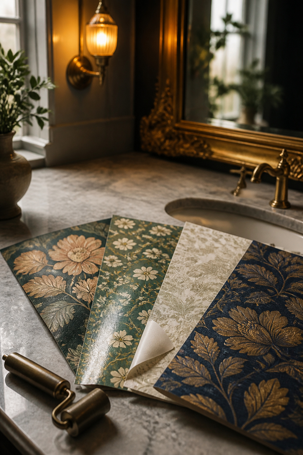 Four wallpaper sample swatches, including matte paper, vinyl-coated and peel-and-stick, fanned on a marble vanity top