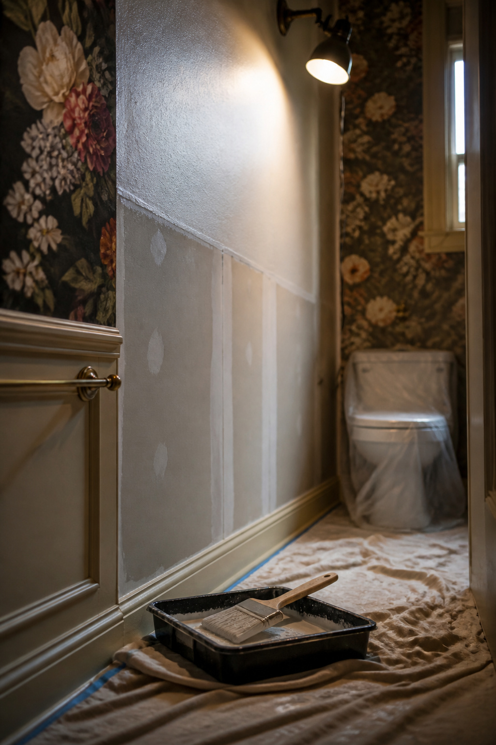Half-primed powder room wall with a sizing brush and roller tray, showing the sheen difference between raw drywall and a sealed surface