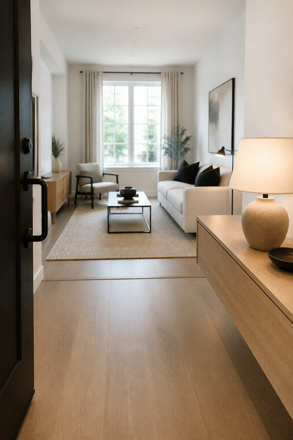 View from a rental front door showing an open sightline into the living room, testing whether furniture placement alone can mark the entry threshold