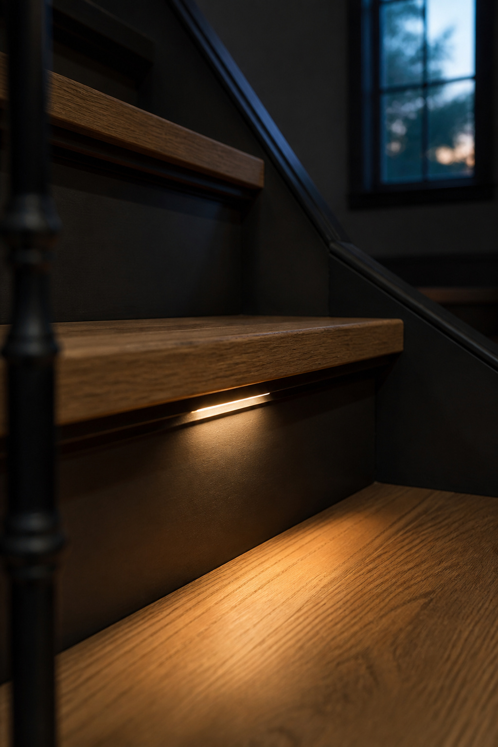 Recessed step light glowing warmly under a stair tread nosing beside a black iron baluster