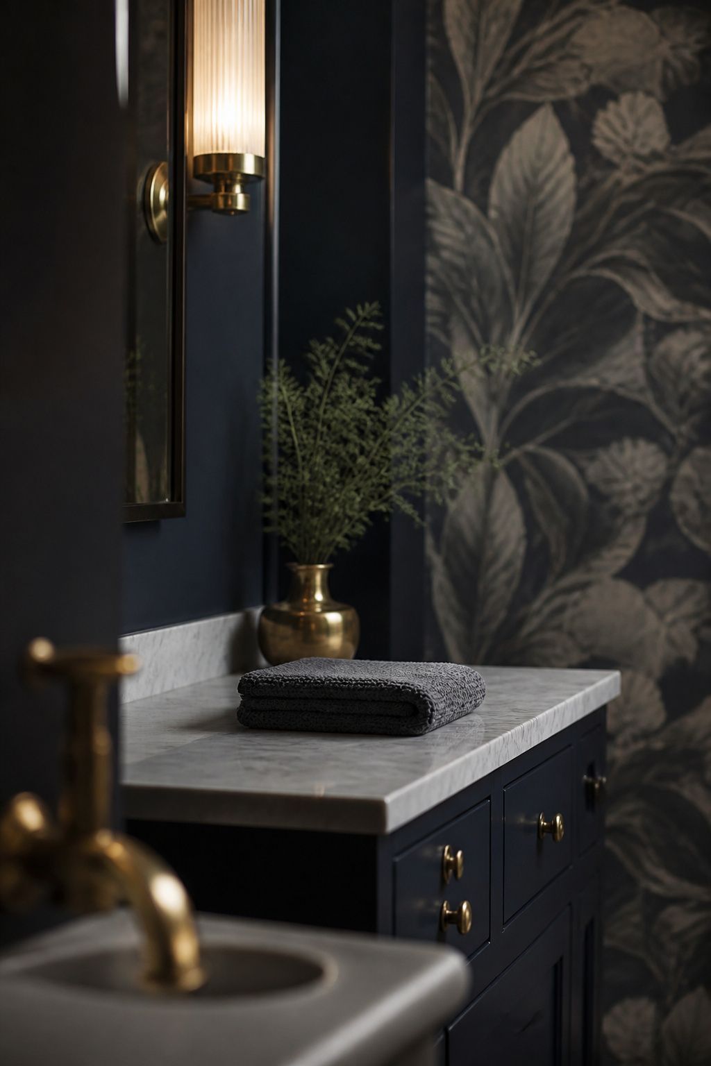 Small honed marble-topped vanity with antique brass hardware in a deep navy powder room