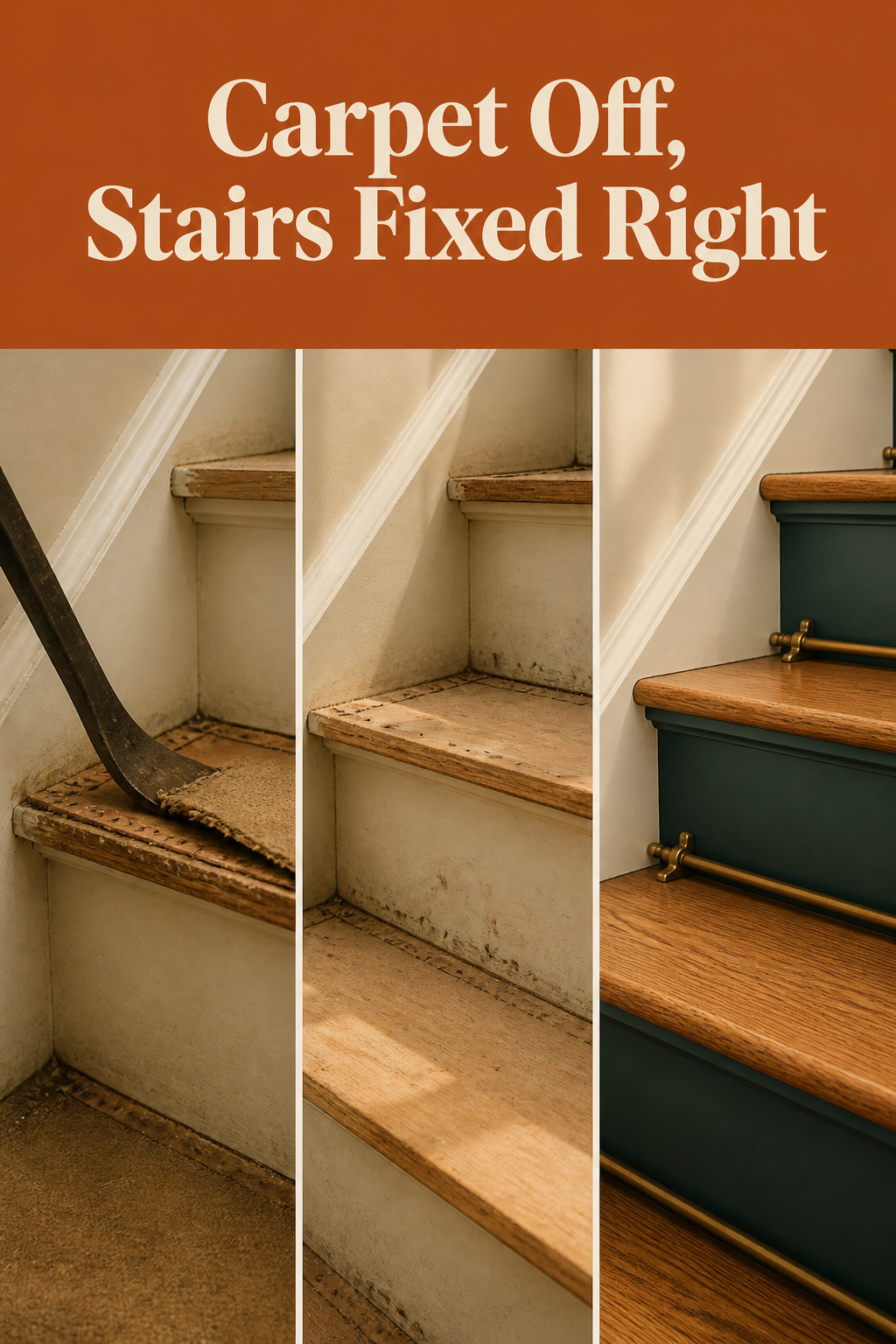 Pinterest pin showing three stages of removing carpet from stairs and refinishing the treads underneath