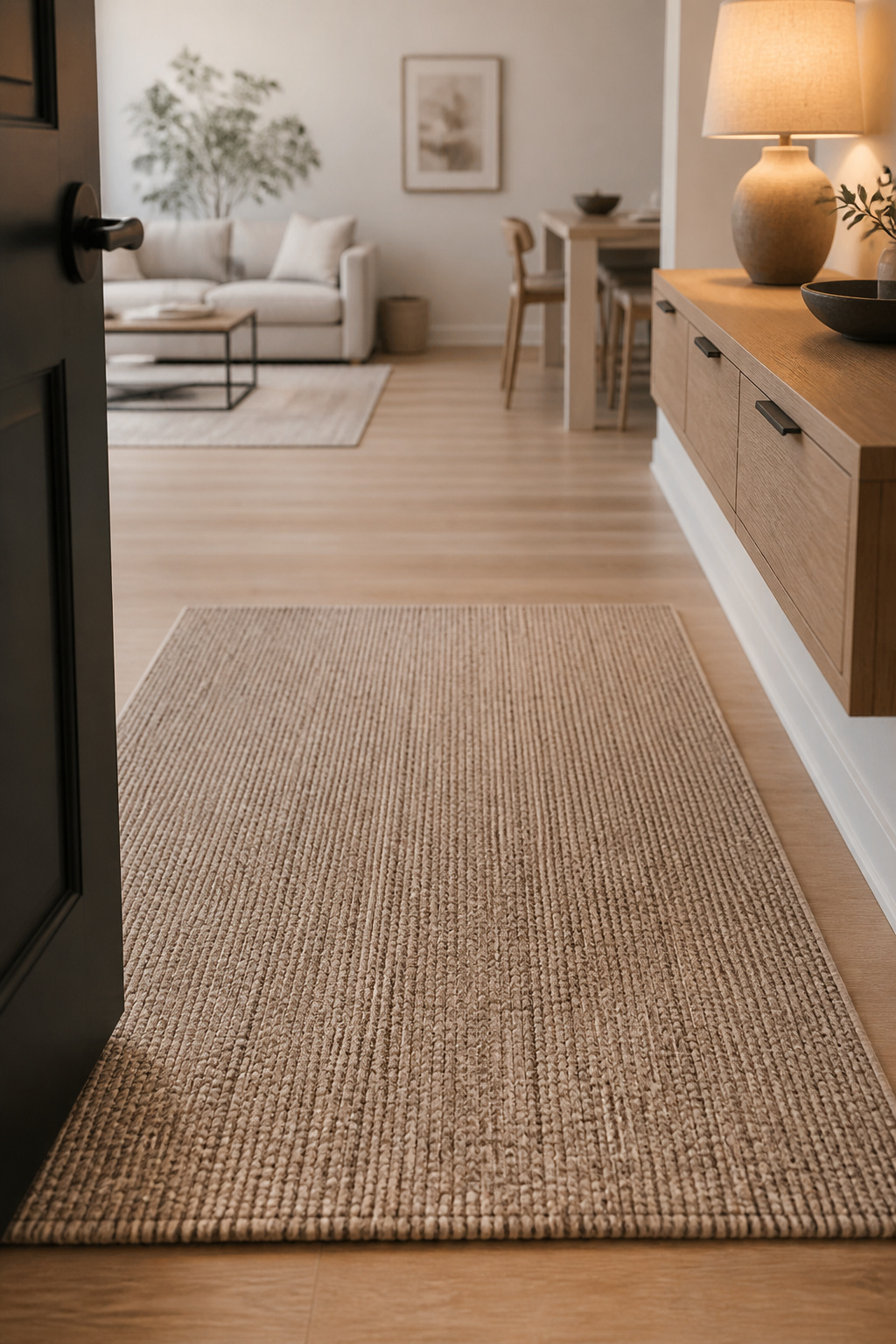A small rental living room where a flatweave rug and a floated oak console mark an entry threshold just inside the front door