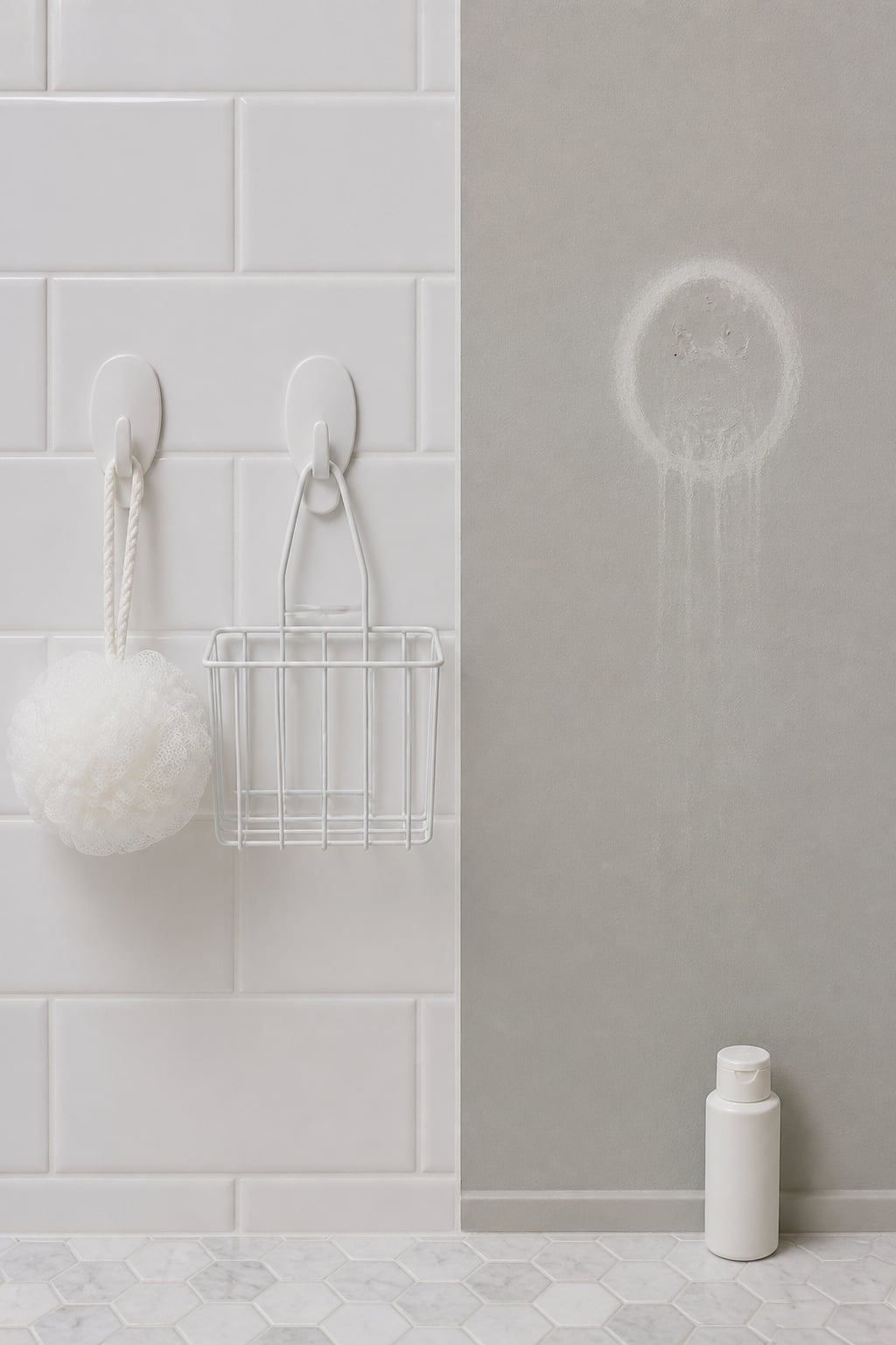 Side-by-side comparison: Command adhesive hook bonded cleanly to glazed tile (left) versus a suction caddy that has slipped off painted drywall (right)