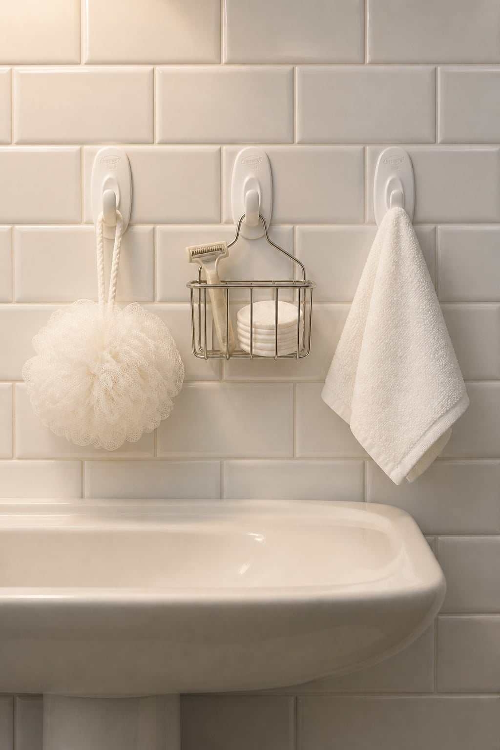 Three Command Bath medium hooks on white glazed tile holding a loofah, a wire basket and a face cloth — bonded flat and clean