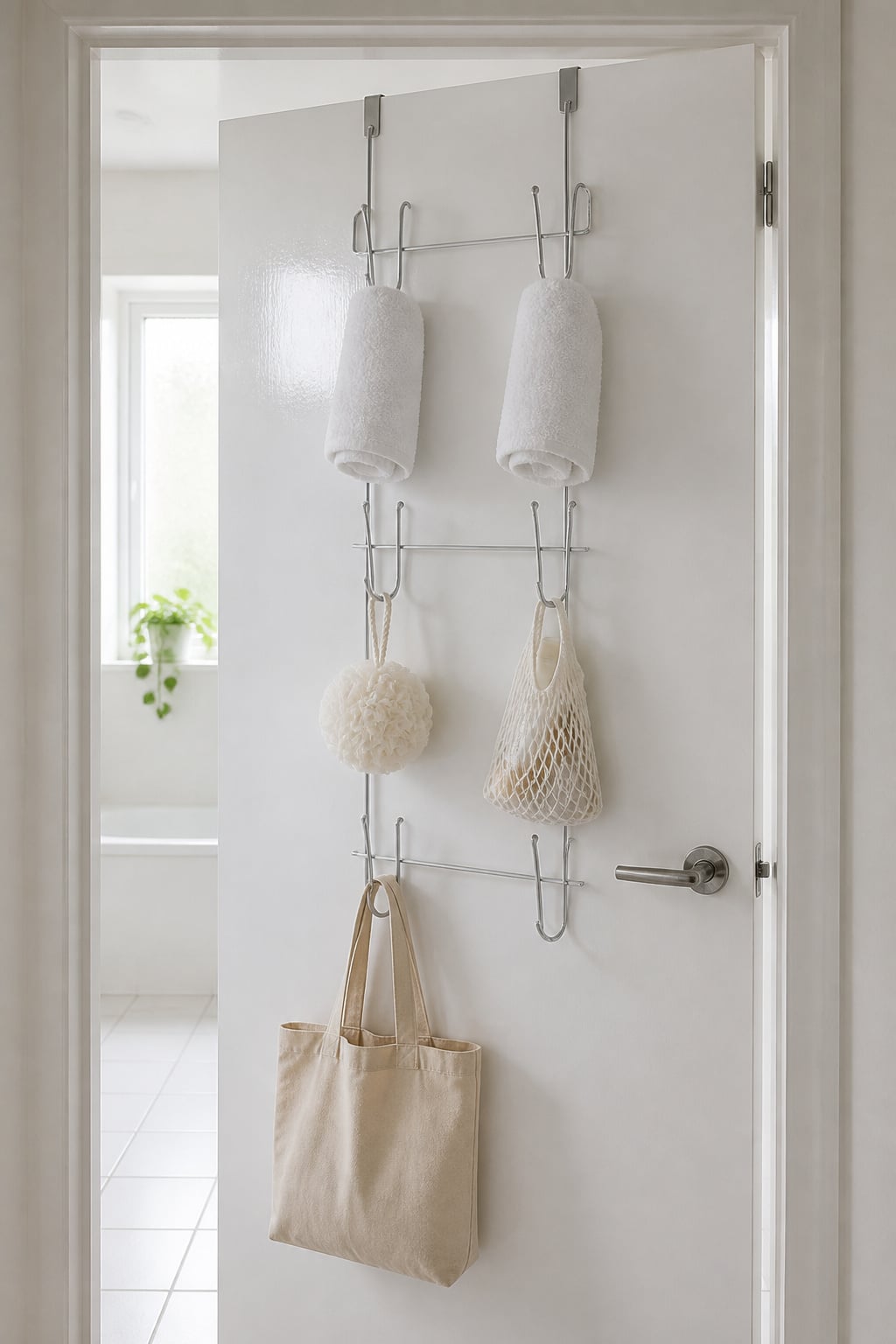 White over-door organiser on the inside of a bathroom door holding rolled towels, a loofah and a tote bag — no screws, no wall contact
