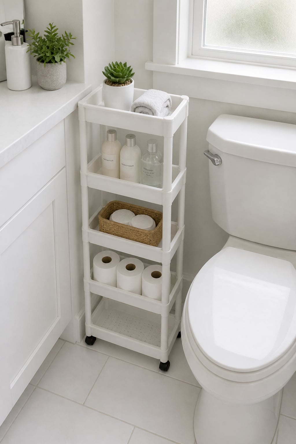 A slim 5-inch-wide white rolling cart fitted in the narrow gap between a toilet and a bathroom vanity, holding toiletries, towels and spare rolls on five shelves