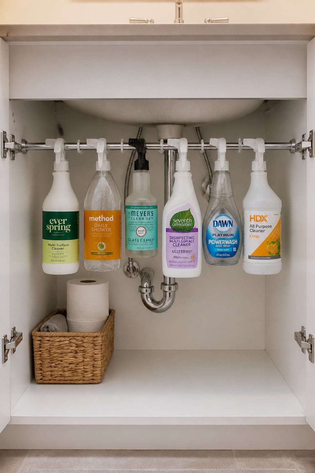 Tension rod installed horizontally inside an under-sink cabinet with spray bottles hanging from their triggers, clearing the cabinet floor
