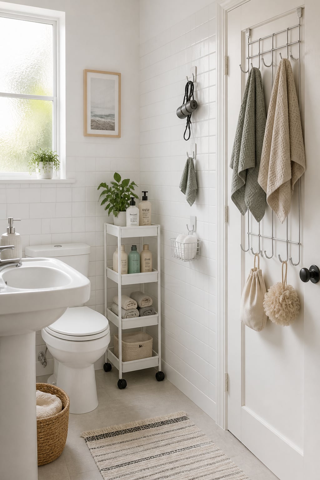 Small rental bathroom organised with over-door hooks, Command adhesive hooks on tile, and a slim rolling cart — no drilling required
