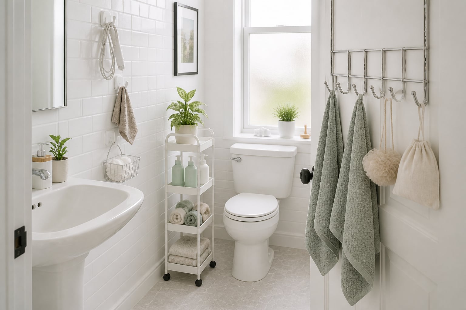 Small rental bathroom organised with over-door hooks, Command adhesive hooks on tile, and a slim rolling cart — no drilling required