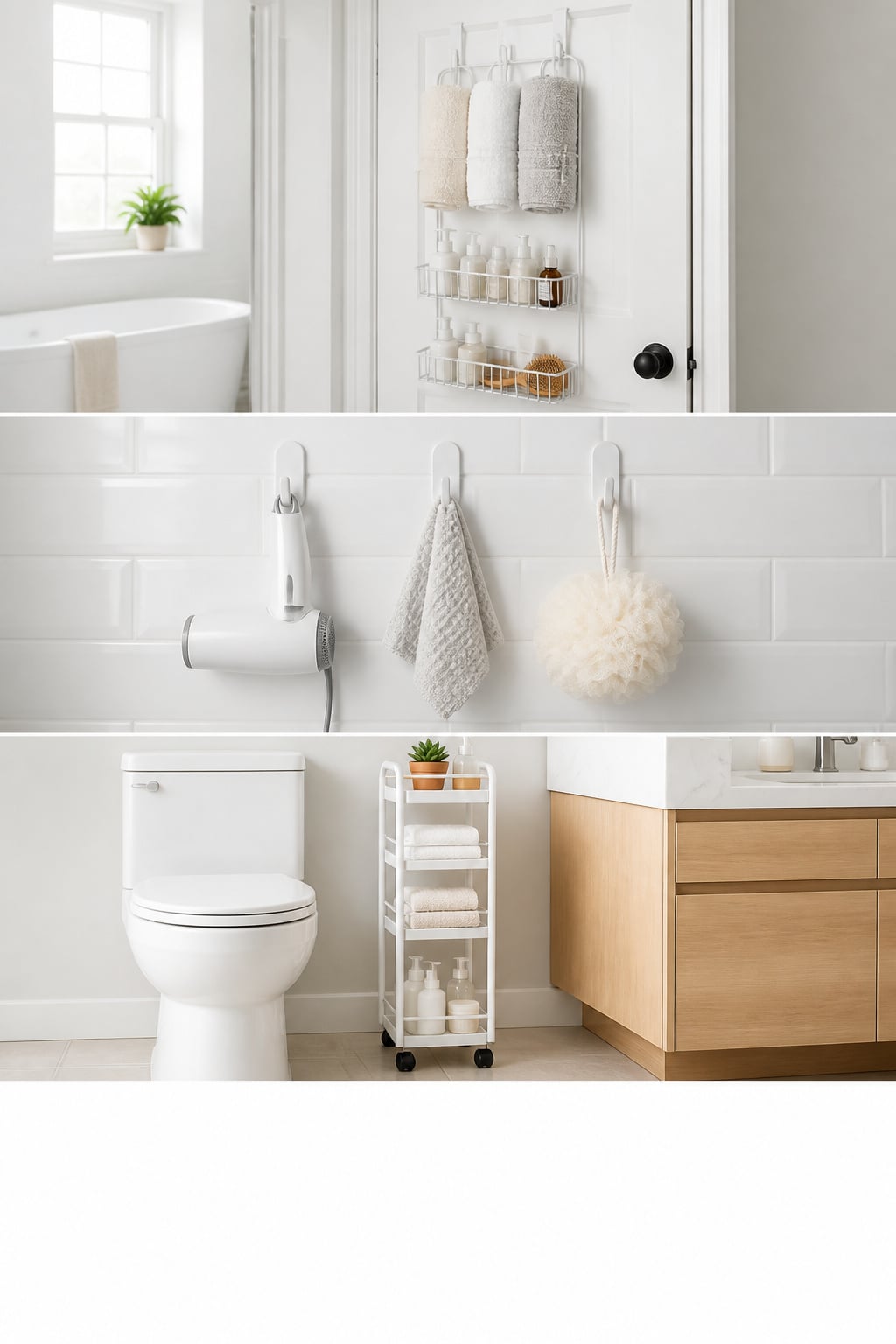 Three renter-friendly bathroom storage ideas: over-door organiser, Command hooks on tile, and slim rolling cart