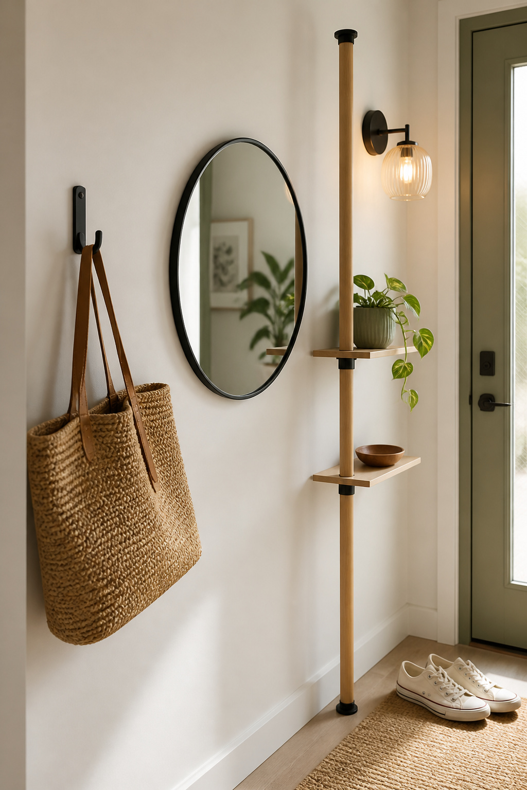 Damage-free rental entryway wall with a matte-black adhesive hook holding a woven tote, a round mirror on removable strips, and a pale-oak tension-rod shelf beside the door