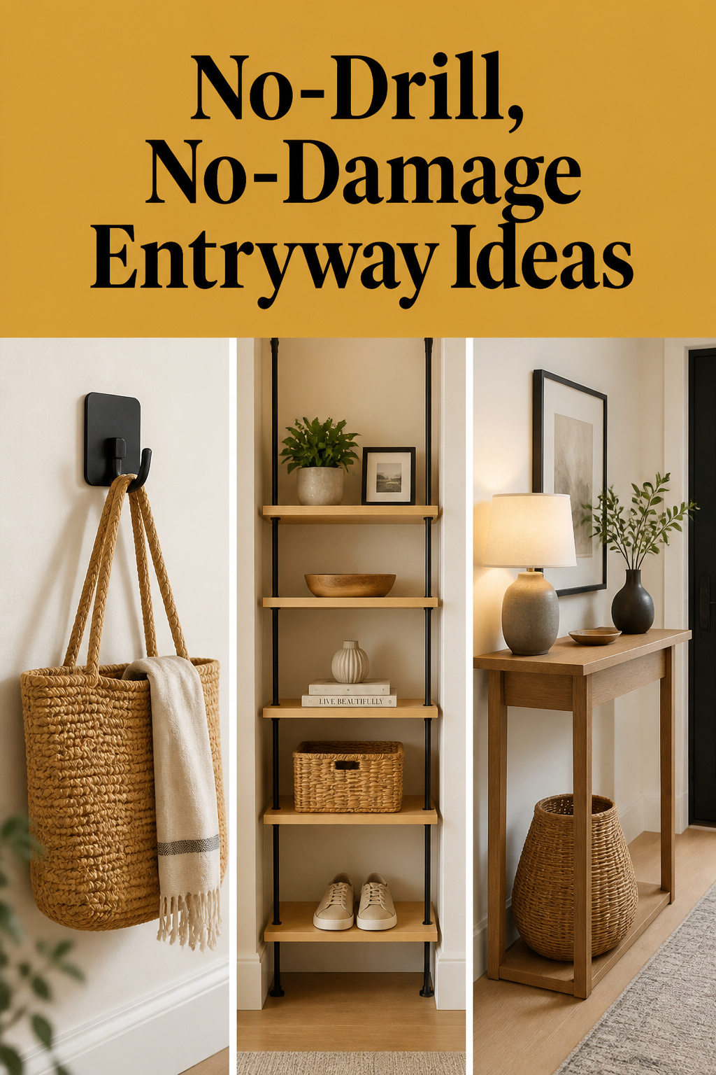 Three-panel collage of renter-friendly entryway damage-free ideas: an adhesive hook with a tote bag, a tension-rod shelf, and a freestanding console, under a mustard ochre banner