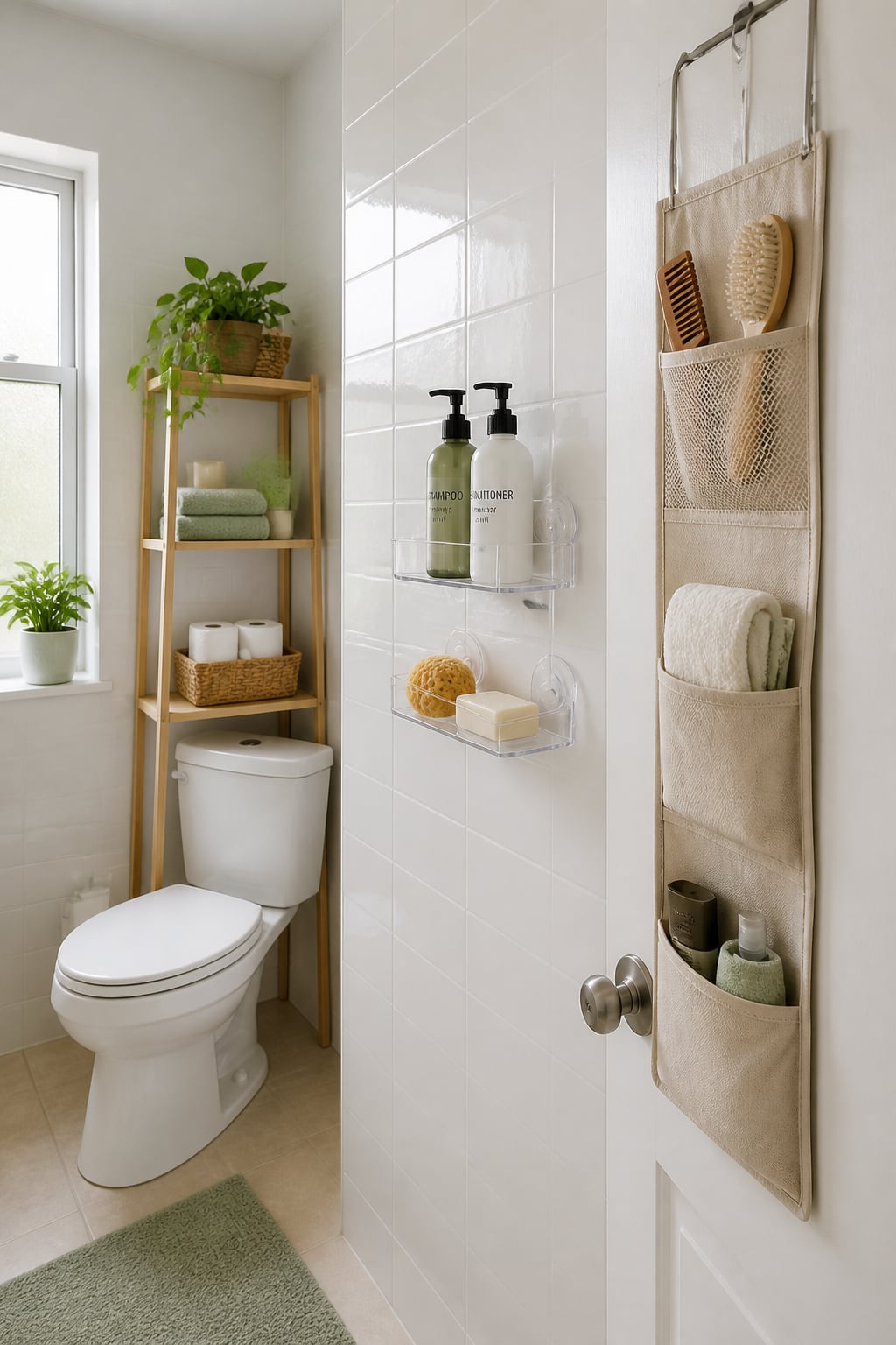 Rental bathroom showing freestanding over-toilet etagere, suction-cup shower caddy on tile, and over-door organiser — all no-drill bathroom storage solutions