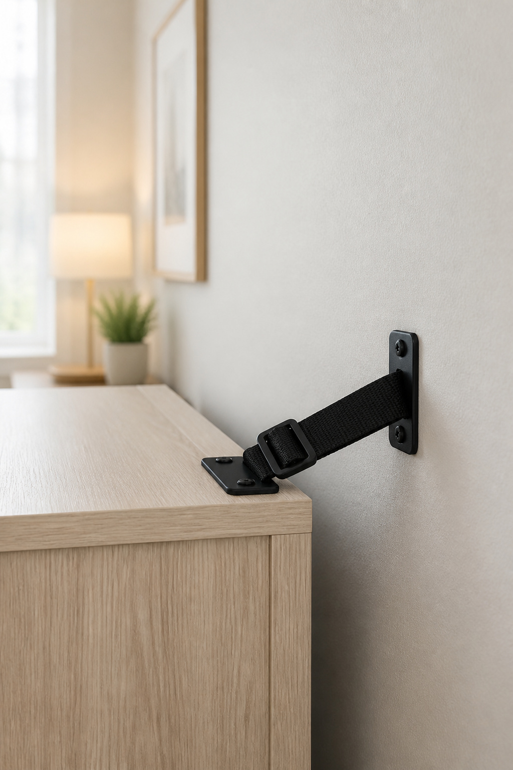 Renter-safe adhesive anti-tip anchor strap securing a pale oak entryway cabinet to the wall