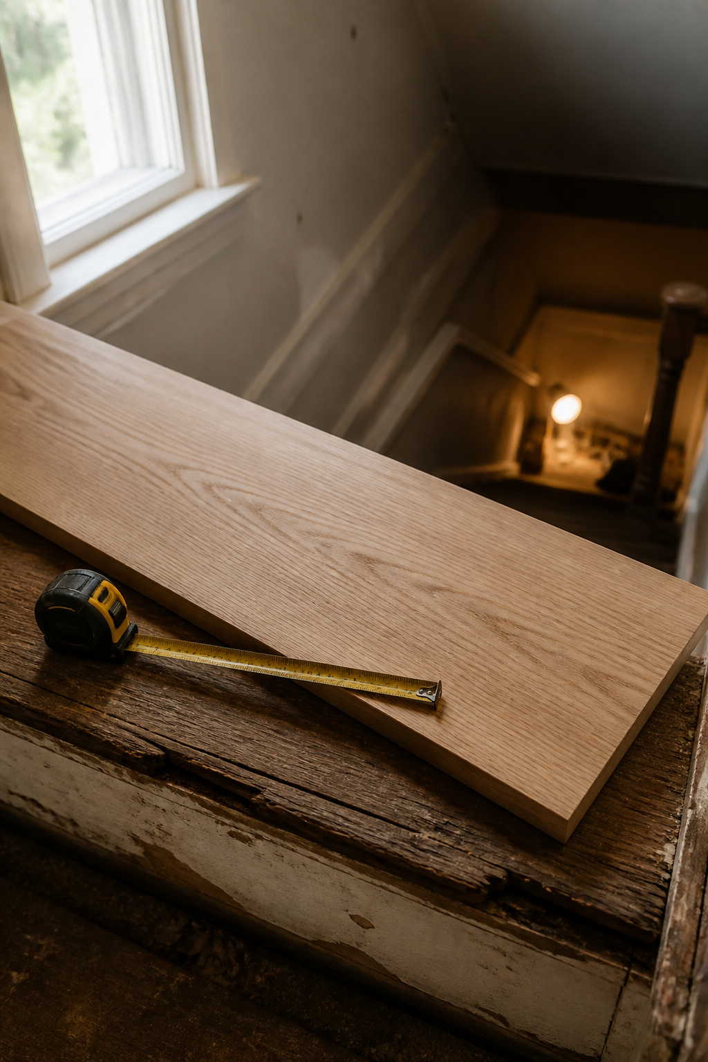 New unfinished oak stair tread board laid over a cracked, warped tread it is about to replace
