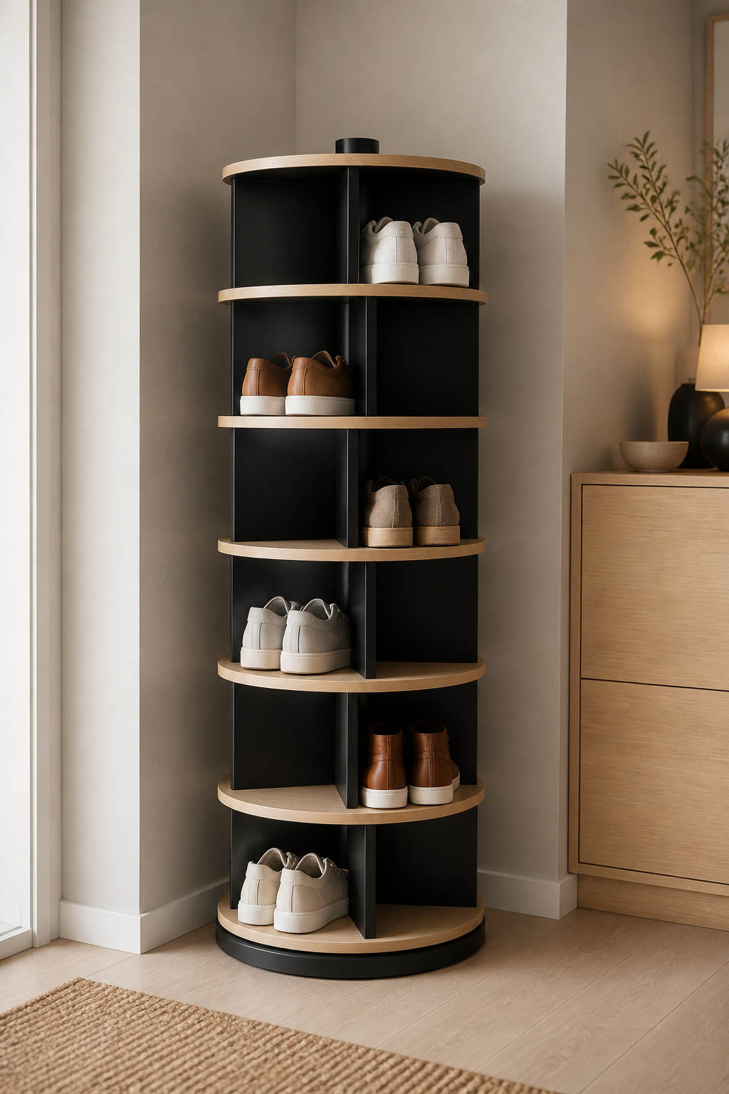 Rotating shoe carousel rack with matte black frame standing in a corner nook holding several pairs of shoes