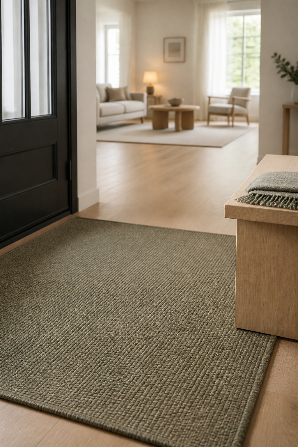 Sage rug angled beside a pale oak bench marking an entry zone where a front door opens into an open living space
