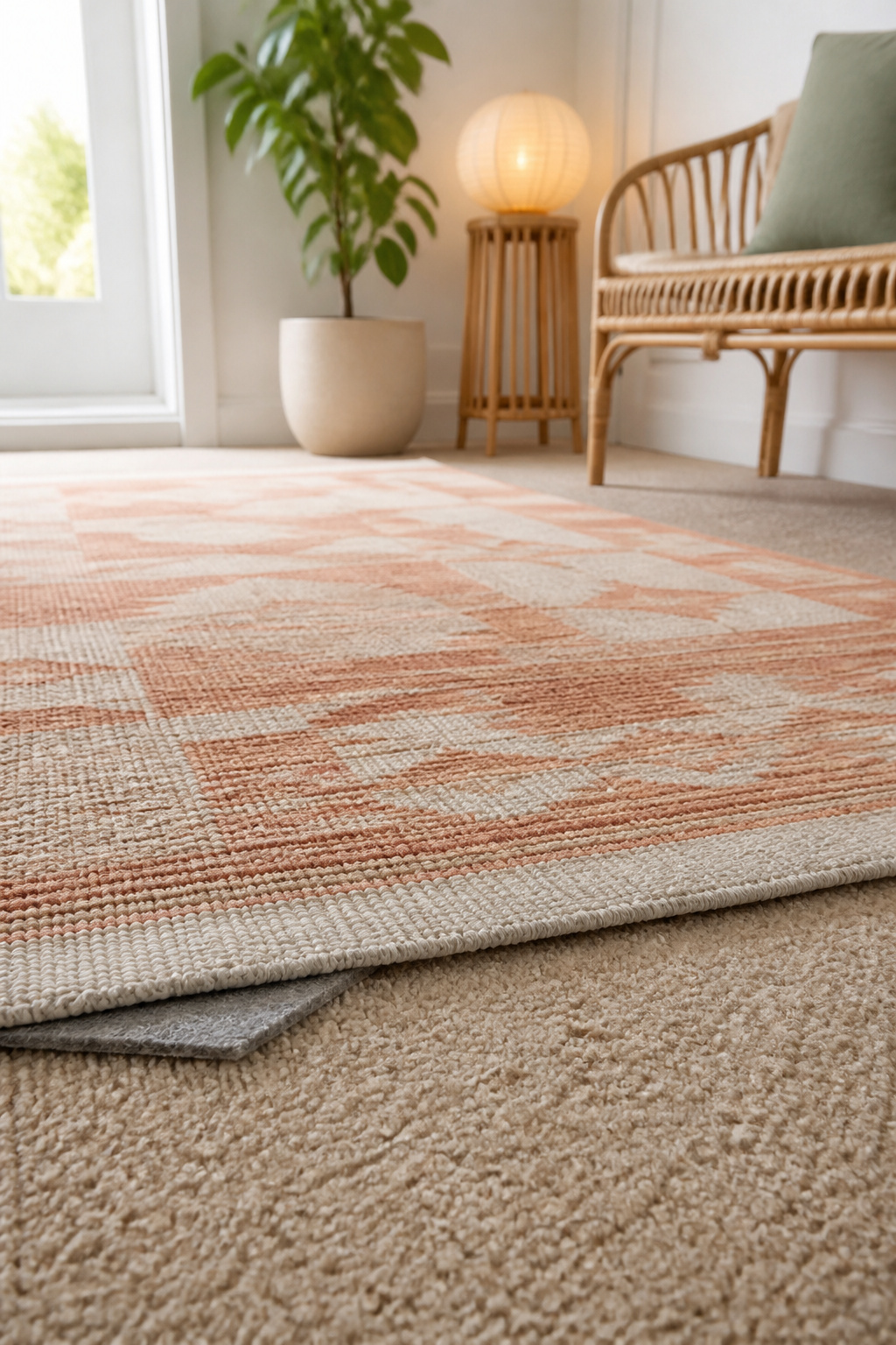 Flatweave entryway rug layered over worn beige rental carpet with a grip pad hidden at the edge