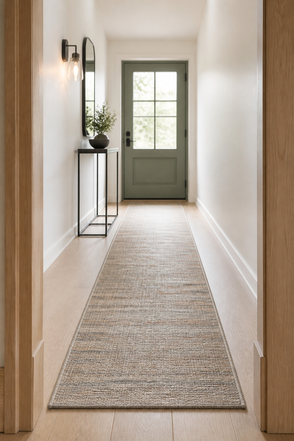 Two-foot-wide flatweave runner rug centered in a narrow apartment entry hallway with even floor clearance on both sides