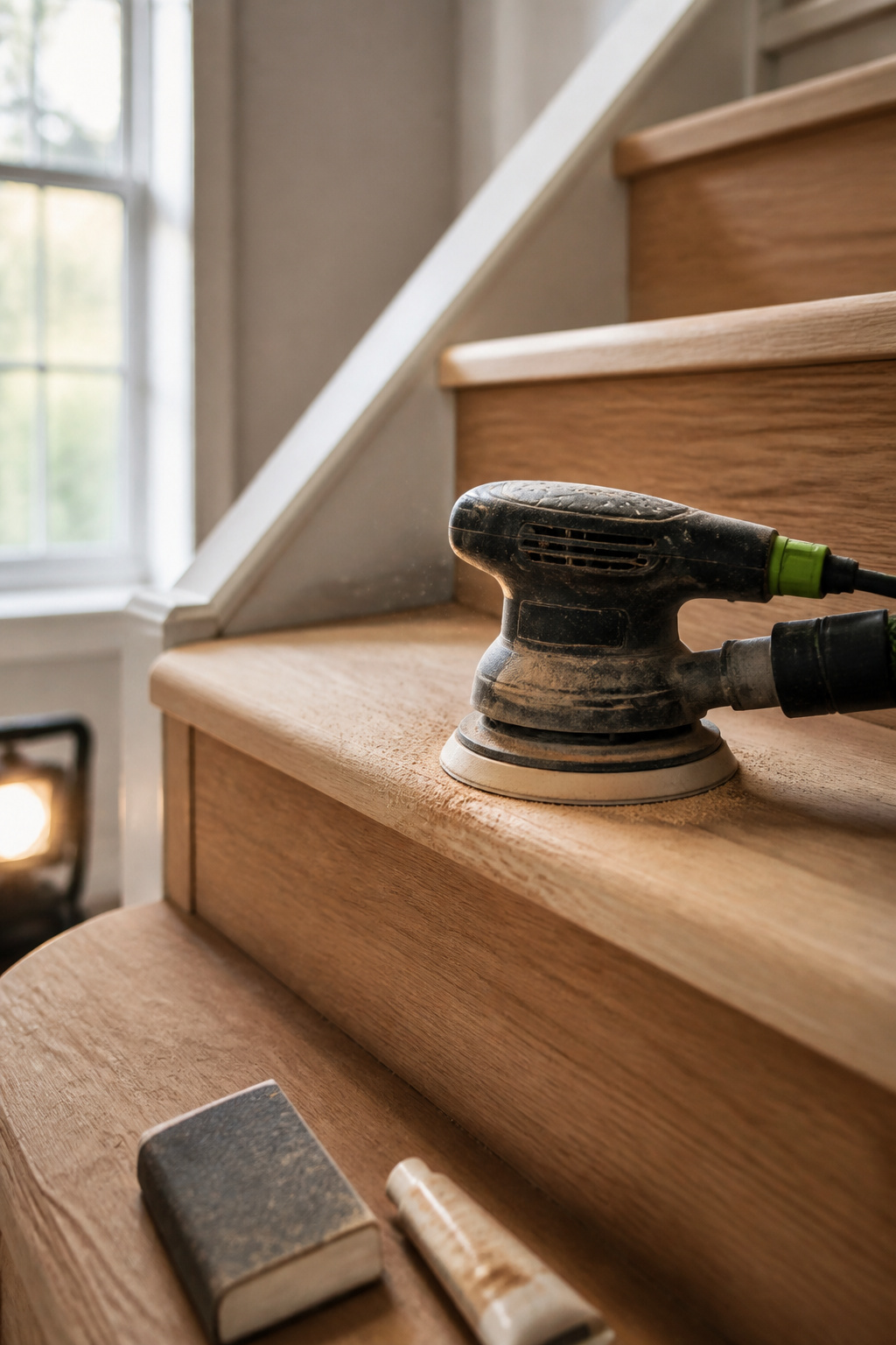 Orbital sander removing old finish from a bare oak stair tread with sawdust visible in the grain