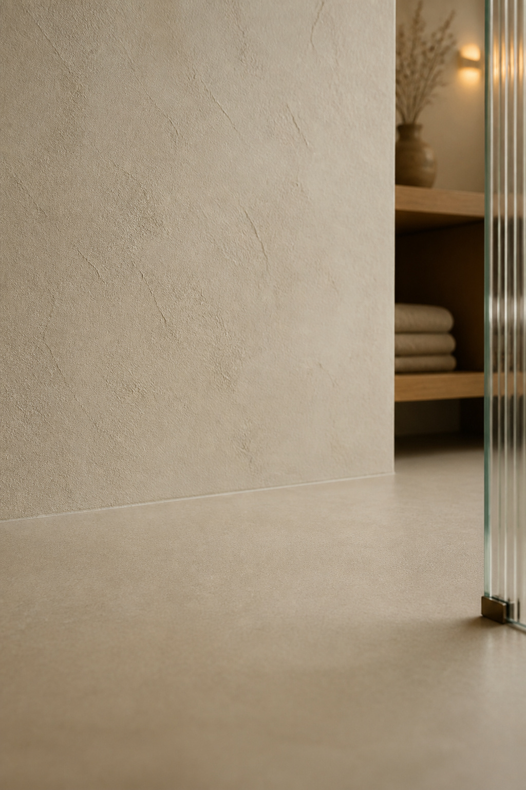 Seamless bone-plaster wall meeting a matte oyster porcelain floor with no visible grout line