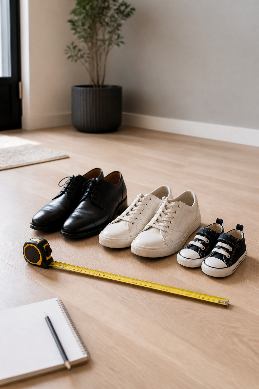 Tape measure and three pairs of shoes arranged on a light oak floor to compare shoe storage footprints