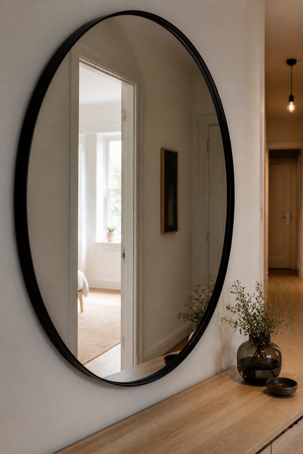 Large round matte-black-framed mirror hung on the side wall of a narrow rental hallway, reflecting daylight from an open doorway