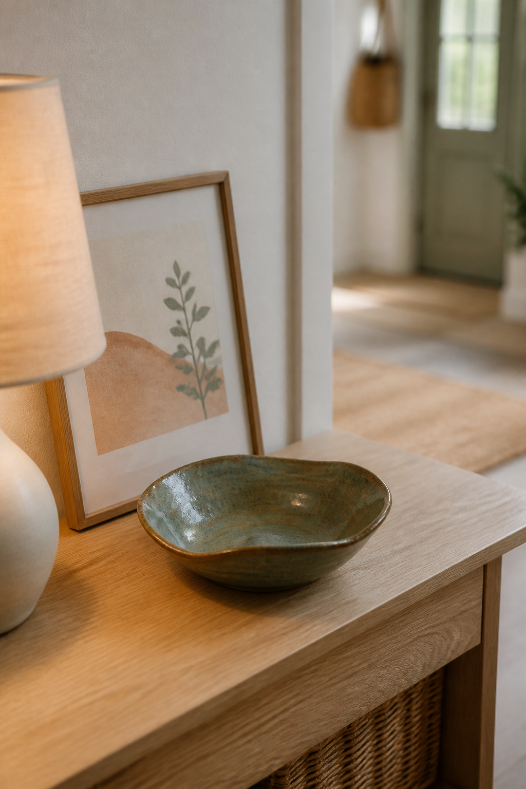 A single ceramic catchall bowl and one small framed artwork on a console, lit by a warm table lamp instead of an overhead light