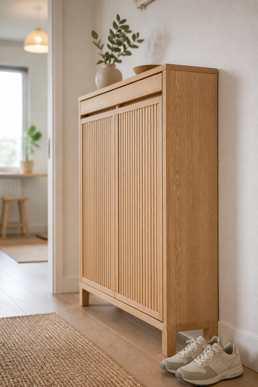 Slim pale oak shoe cabinet with slatted doors standing against a narrow apartment entryway wall