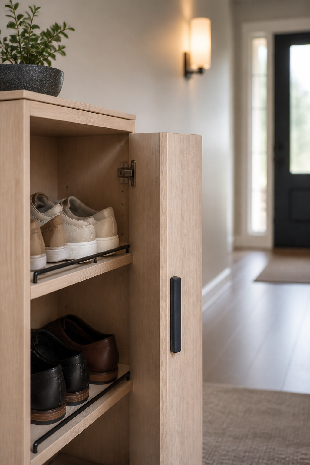 Slim pale-oak entryway shoe cabinet with the door open showing shallow shelves holding several pairs of shoes