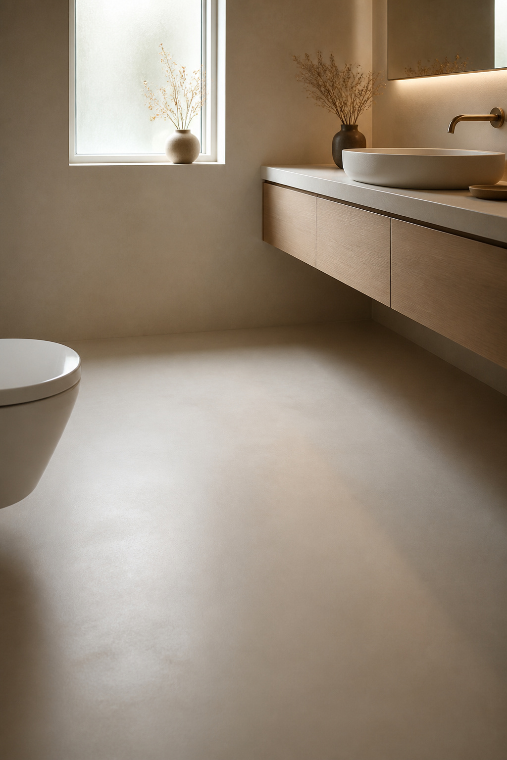 Clear floor space between a wall-hung toilet and floating vanity on matte porcelain flooring in a small modern bathroom