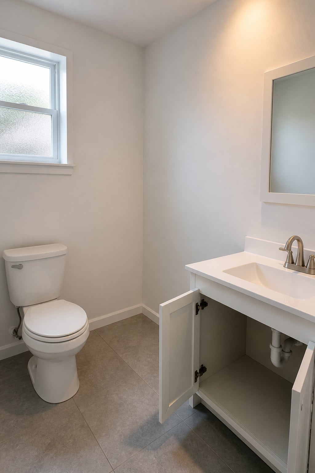 Small bathroom showing three underutilised dead zones: wall above toilet, empty corner, and open under-sink cabinet with wasted space