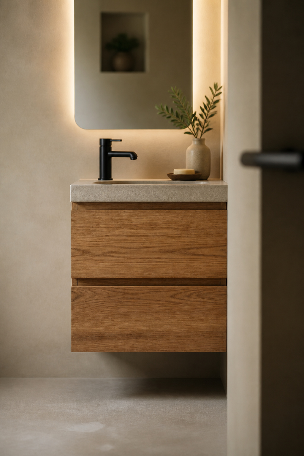 Compact bathroom corner with a small floating oak vanity, matte black tap and mirror above