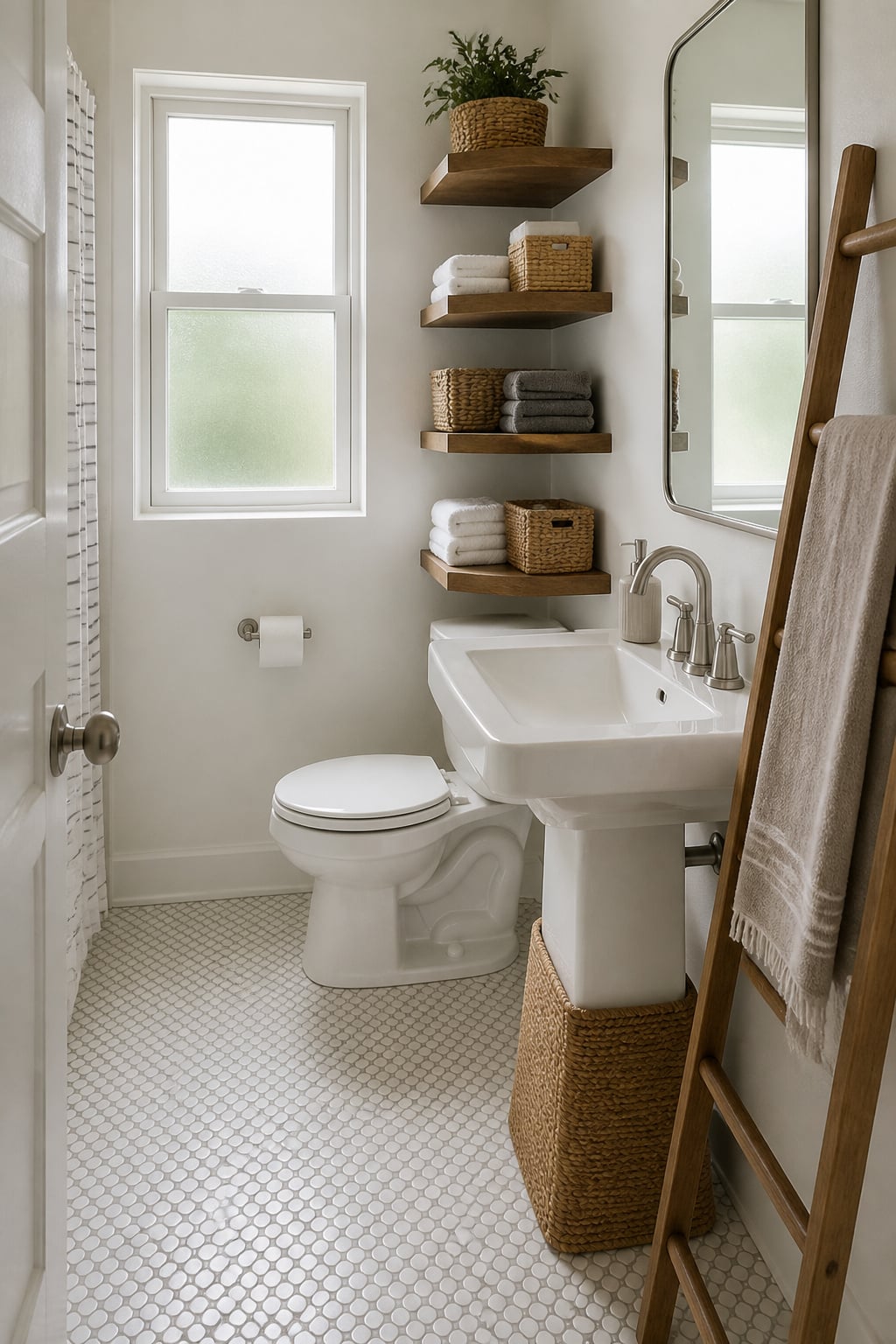 Small bathroom with floating shelves above toilet, pedestal sink with woven skirt, and ladder towel rack showing layered small bathroom storage solutions