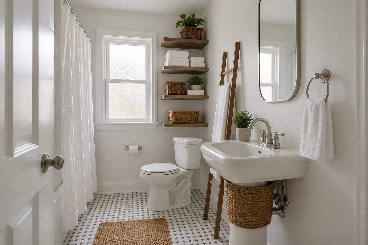 Small bathroom with floating shelves above toilet, pedestal sink with woven skirt, and ladder towel rack showing layered small bathroom storage solutions