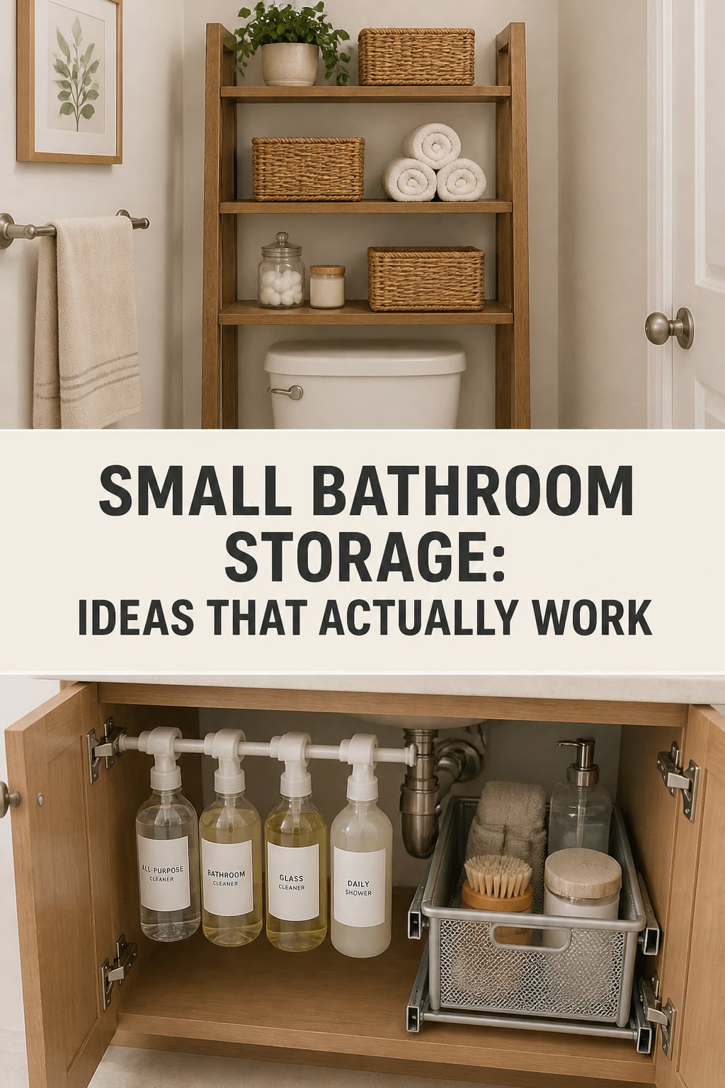 Pinterest collage showing over-toilet etagere, text overlay headline, and under-sink organization for small bathroom storage ideas
